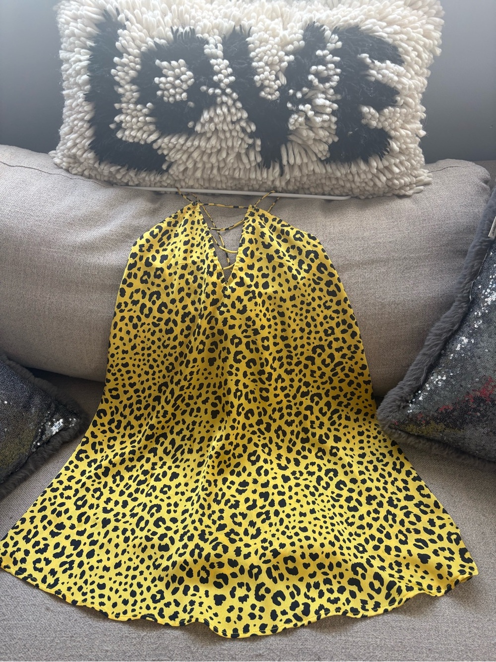Girls' Yellow Leopard Print Dress with Lace-Up Back
